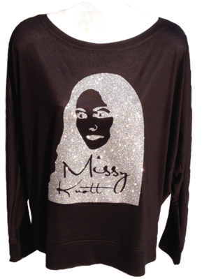 Missy Knott Off the Shoulder Shirt, Black shirt with Silver Glitter logo