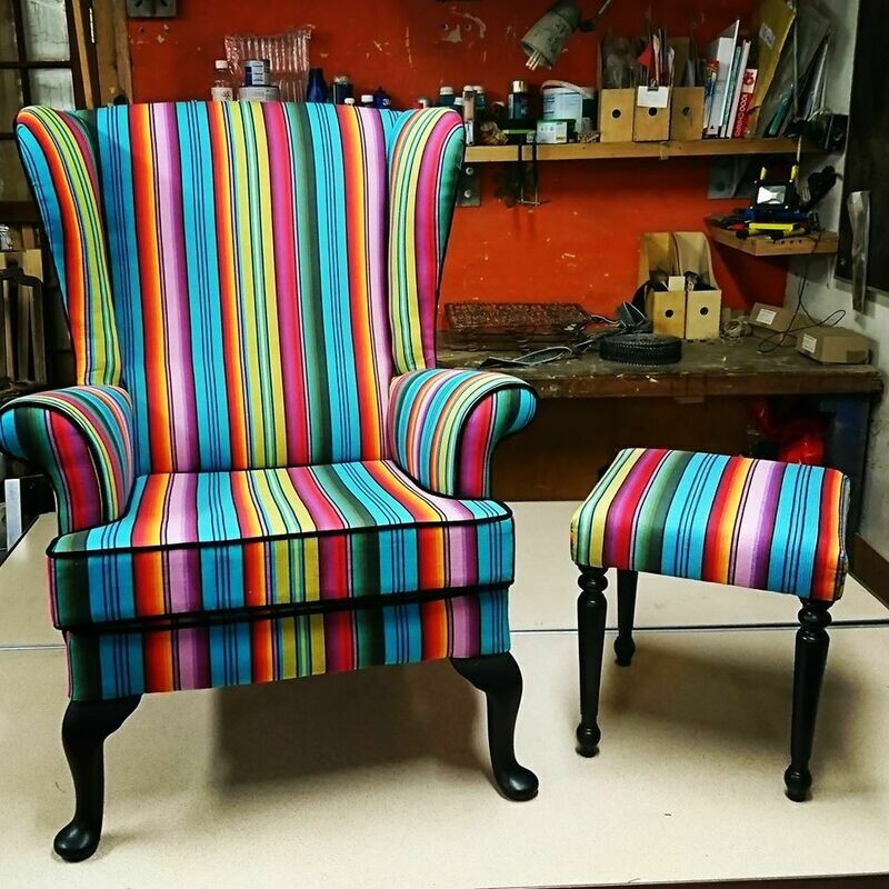 Multi stripe Parker Knoll 720 wing chair with stool