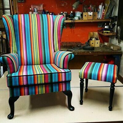 Multi stripe Parker Knoll 720 wing chair with stool