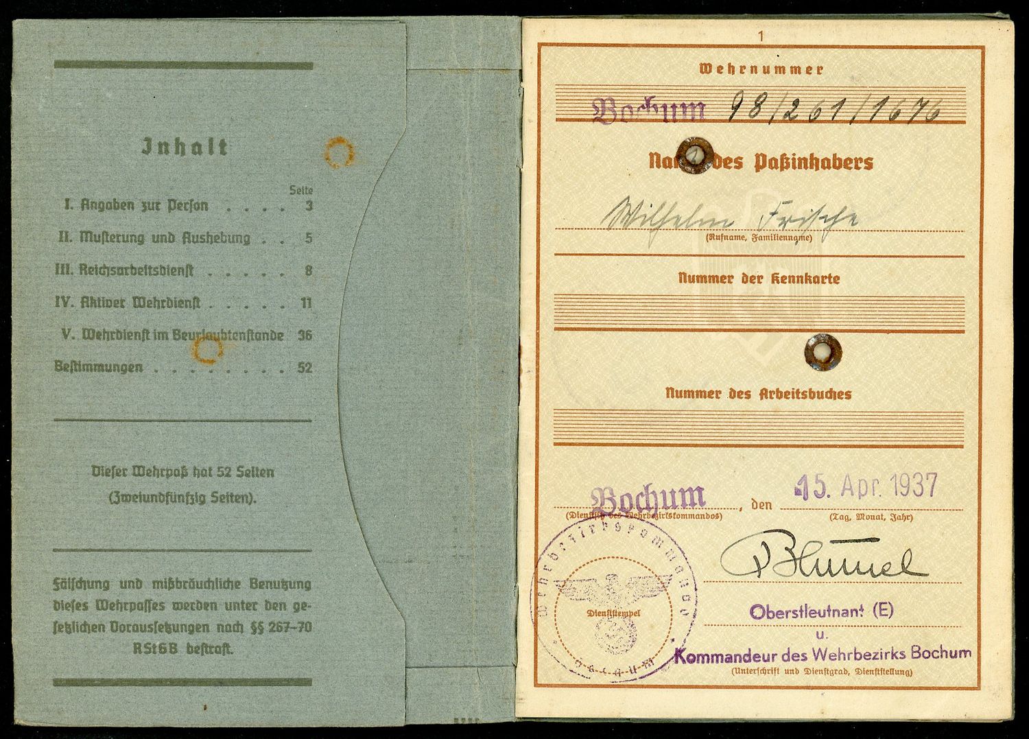 Z FACEBOOK AUCTION - German WW2 Wehrpass, 1st Pattern, Entries From 1937 - 1943, STARTING BID $35 *