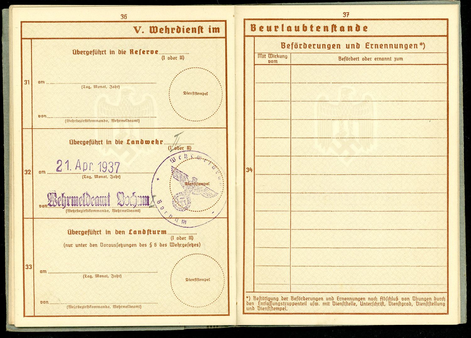 Z FACEBOOK AUCTION - German WW2 Wehrpass, 1st Pattern, Entries From 1937 - 1943, STARTING BID $35 *