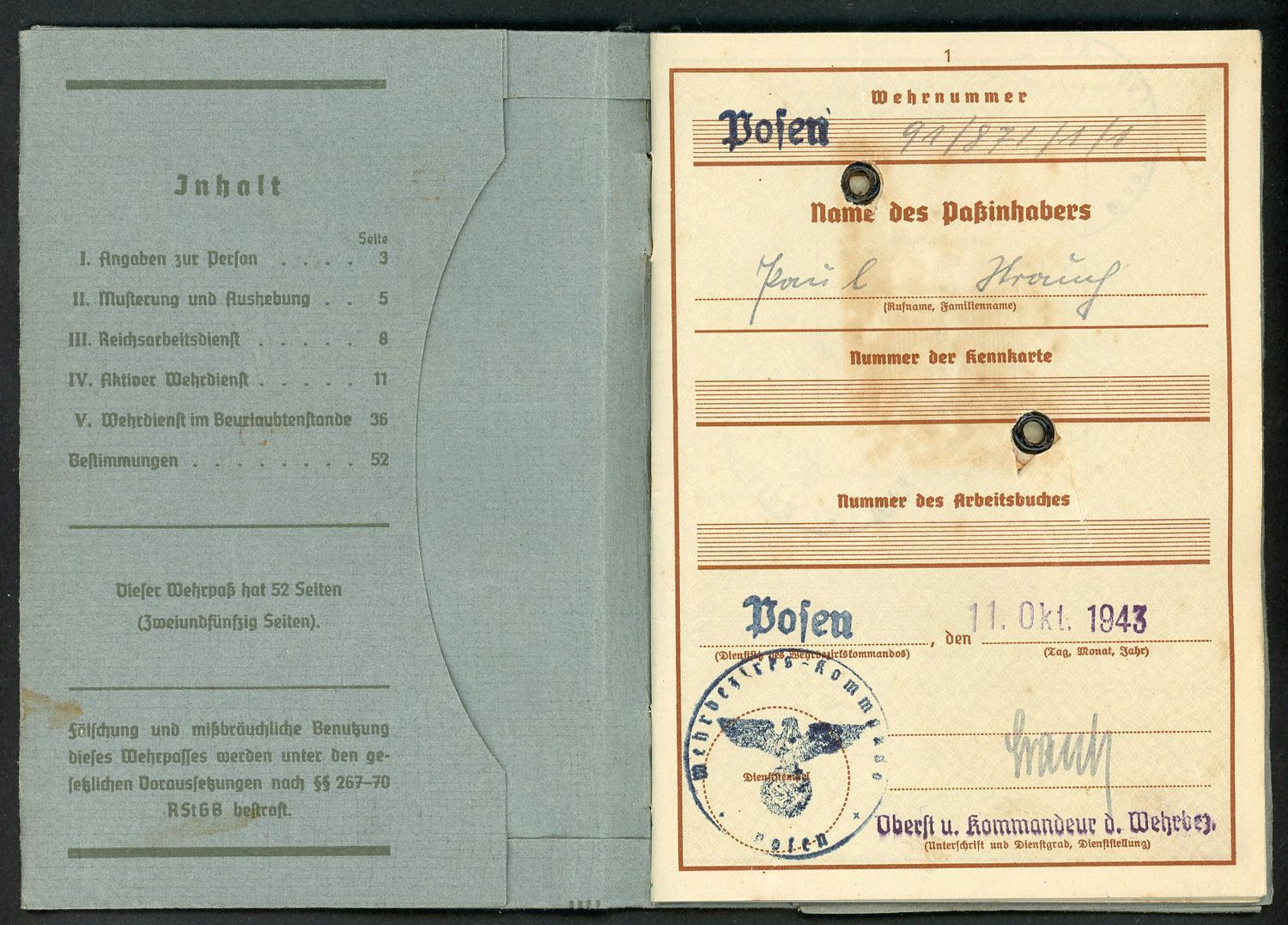 Z German WW2 Wehrpass, 1st Pattern, Entries From 1943, STARTING BID $35 *