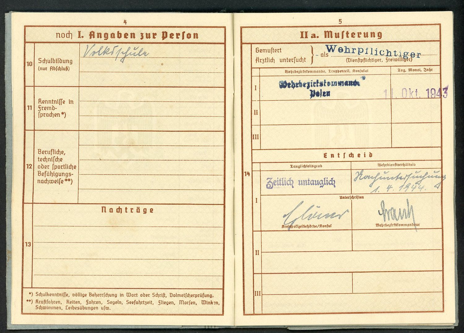 Z German WW2 Wehrpass, 1st Pattern, Entries From 1943, STARTING BID $35 *