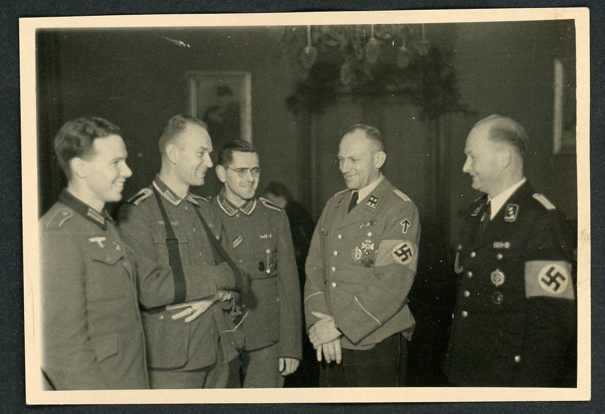 Z SA Officer w/ Tyr Rune Patch &amp; DAF Officer Meet w/ Wounded German Army NCO WW2 Photo