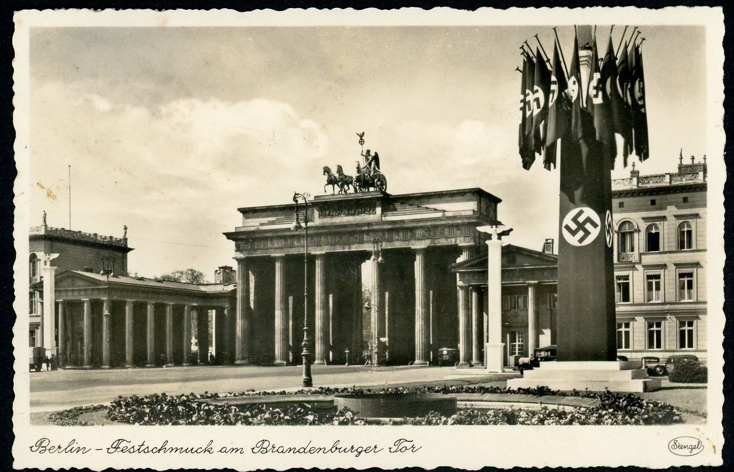Z German WW2 Postcard Brandenburg Gate Berlin + Many Nazi Partei Banner Flags, Postmarked May 1942
