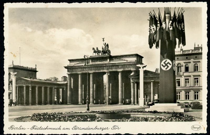 Z German WW2 Postcard Brandenburg Gate Berlin + Many Nazi Partei Banner Flags, Postmarked May 1942