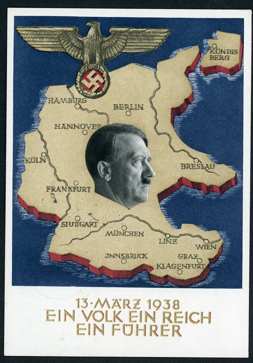 Z FACEBOOK AUCTION, German Adolf Hitler Postcard Ein Volk Ein Reich Ein Fuhrer Munich Postmark March 13th, 1938, STARTING BID $5