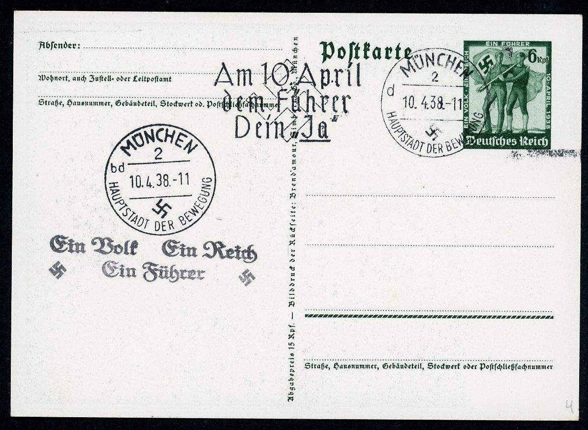 Z FACEBOOK AUCTION, German Adolf Hitler Postcard Ein Volk Ein Reich Ein Fuhrer Munich Postmark March 13th, 1938, STARTING BID $5