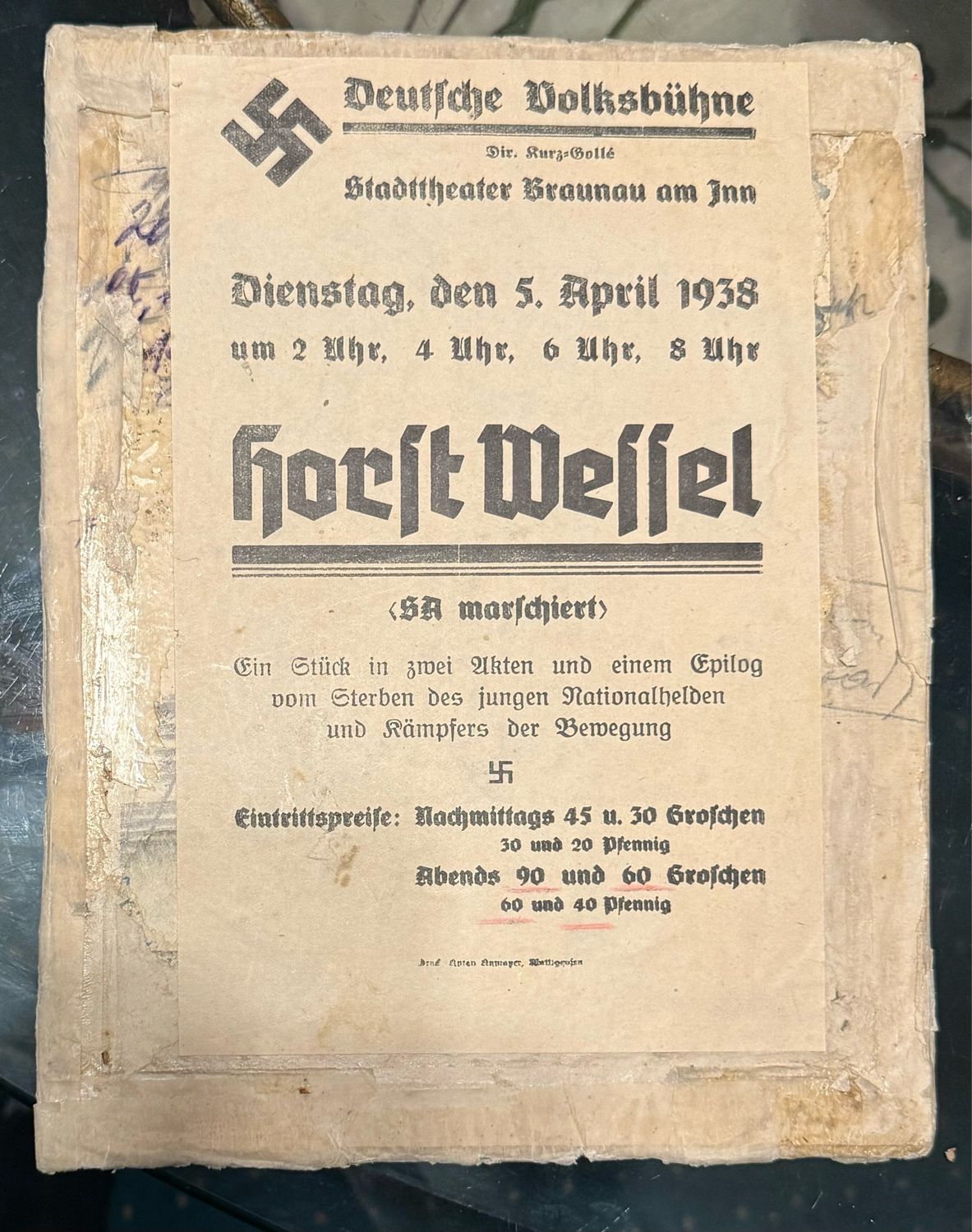 Z 1938 German Third Reich Poster For Play About Death of Horst Wessel in Braunau am Inn