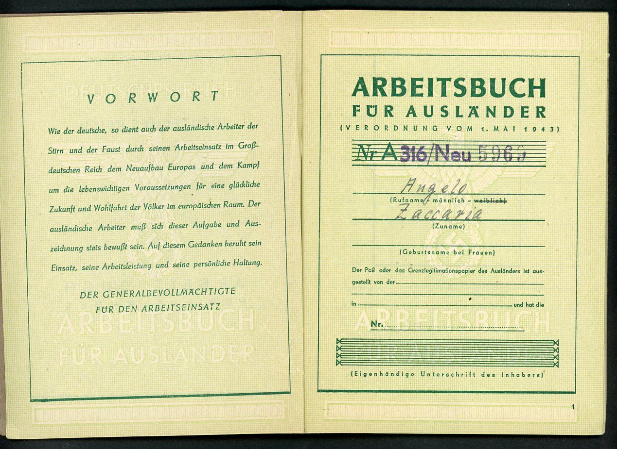 Z FACEBOOK AUCTION - German WW2 Arbeitsbuch Fur Auslander Foreign Worker Record Book Italian Man 1944, STARTING BID $25 *