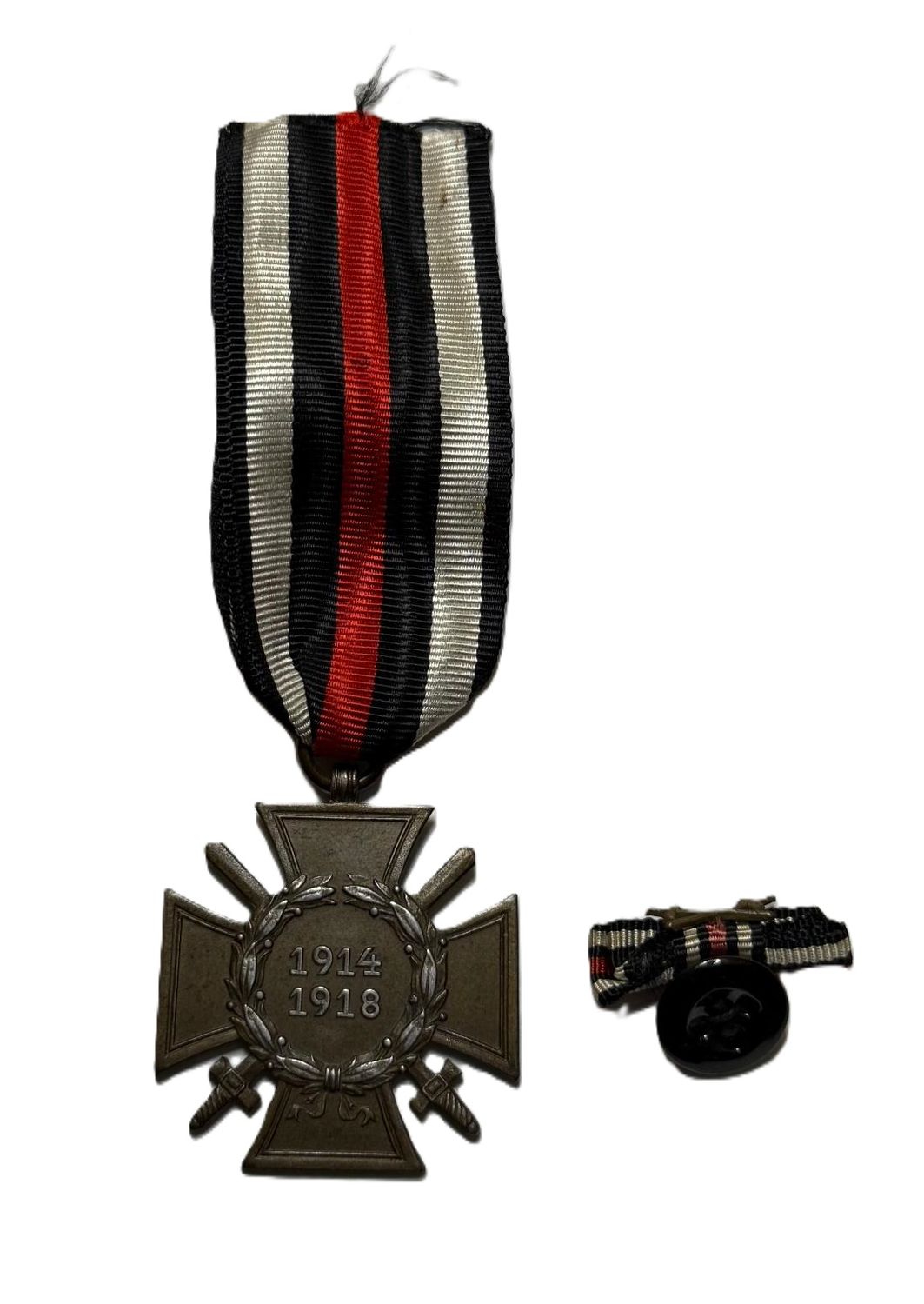 Z FACEBOOK AUCTION - German WW1 Hindenburg Cross w/ Swords Medal + Buttonhole Ribbon 2 Piece Lot, STARTING BID $15*