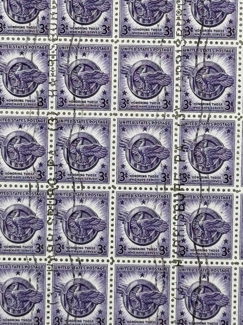 Full Sheet of 1946 USA Honorable Discharge Postage Stamps &quot;Ruptured Duck&quot; Harrisburg PA Marked *