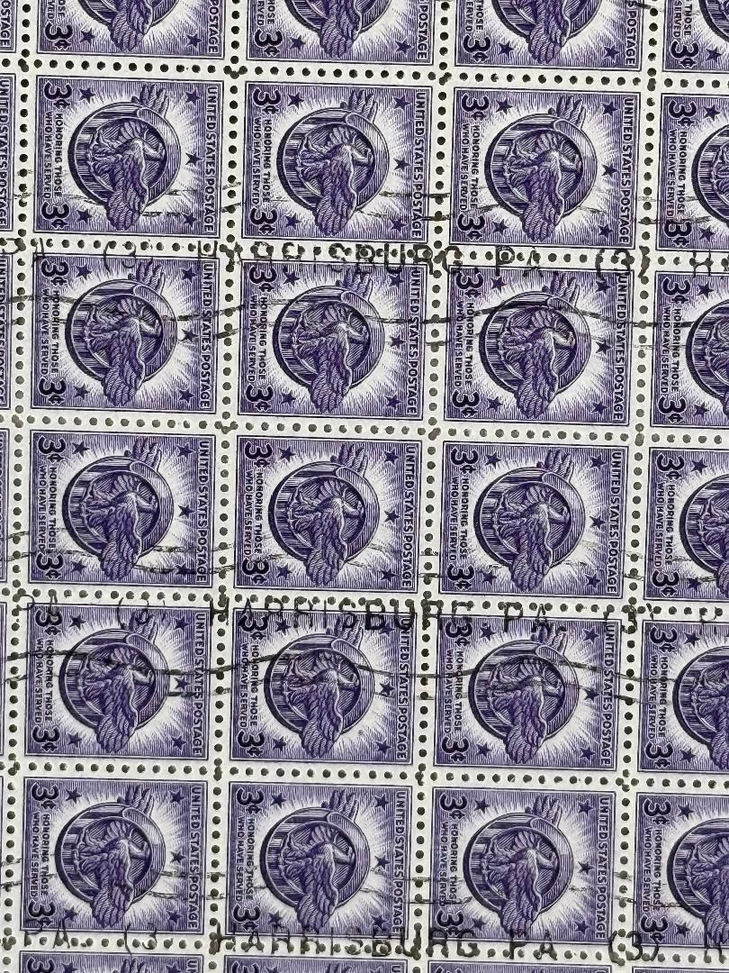 Full Sheet of 1946 USA Honorable Discharge Postage Stamps &quot;Ruptured Duck&quot; Harrisburg PA Marked *