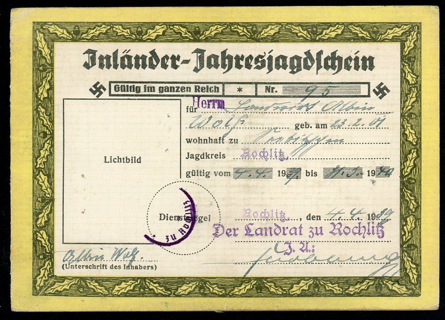 Z FACEBOOK AUCTION - German Third Reich Hunting License Inlander Jahresjagdschein w/ Swaz, STARTING BID $5 *
