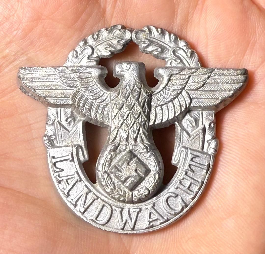 Z FACEBOOK AUCTION - Landwacht Auxiliary Police Eagle Hat Cap Badge German Polizei Third Reich Insignia, STARTING BID $35 *