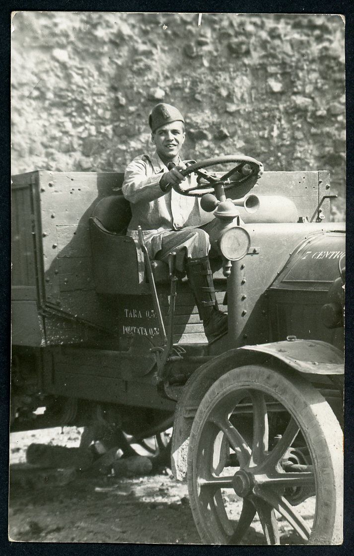Italian Soldier Photo Driving a WW1 Era Truck, 7th Royal Motor Transport WW2 or Pre WW2 *