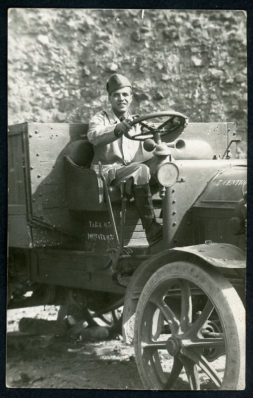 Italian Soldier Photo Driving a WW1 Era Truck, 7th Royal Motor Transport WW2 or Pre WW2 *