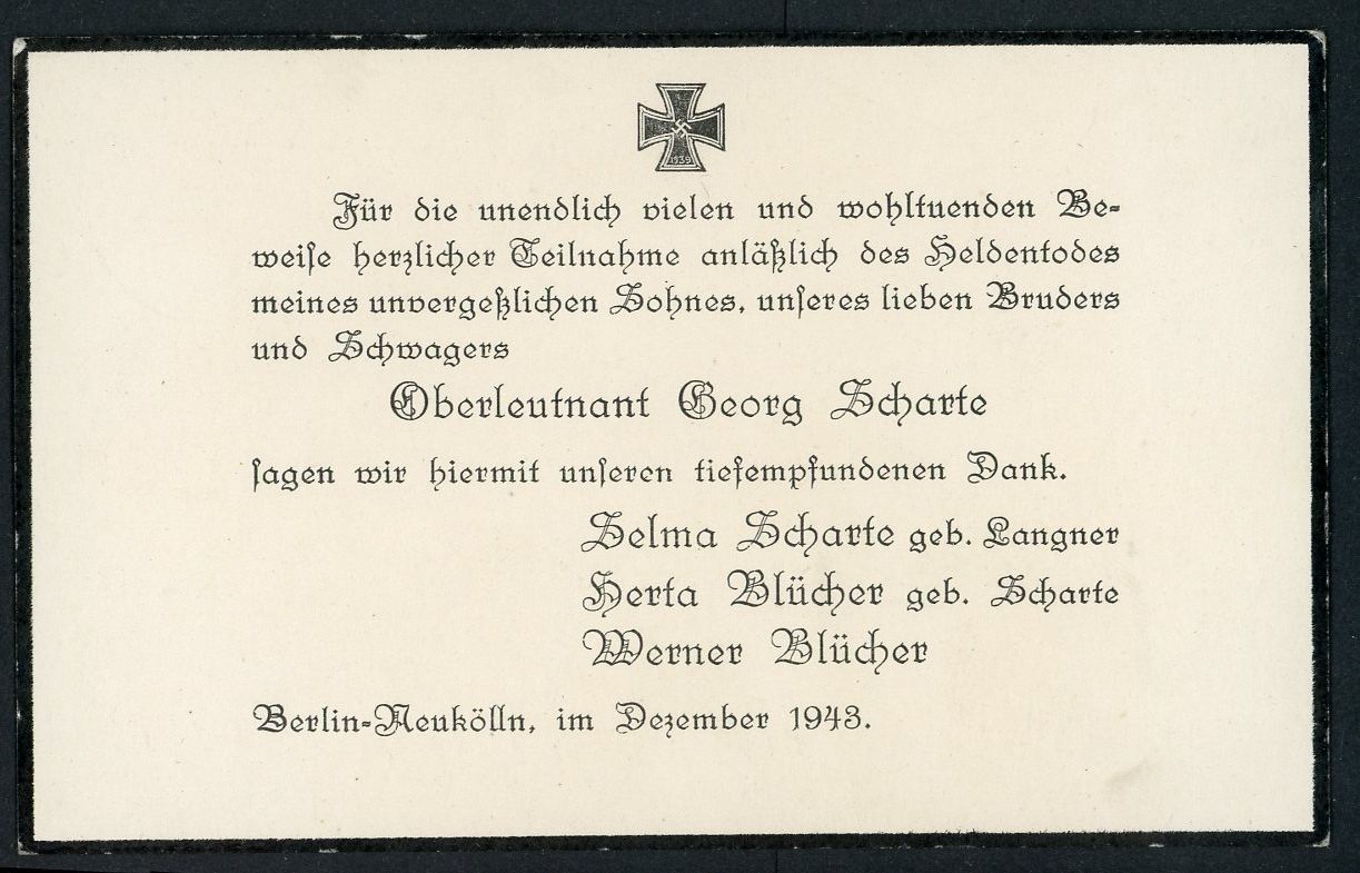 German WW2 Death Card Oberleutnant Officer 1943 *