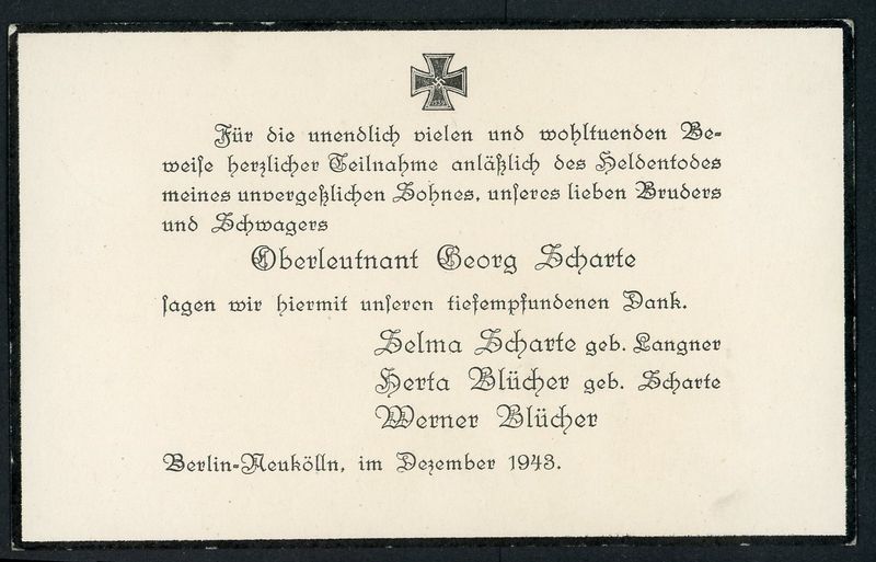 German WW2 Death Card Oberleutnant Officer 1943 *
