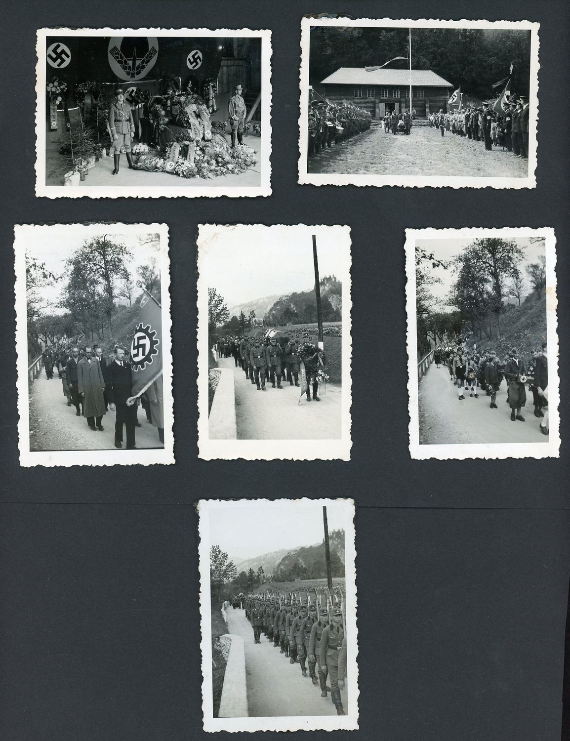 Z FACEBOOK AUCTION - Lot of 6 German WW2 Photos State Funeral with Flags From DAF RAD NSDAP with HJ, SA, RAD, DAF Members In Procession, STARTING BID $10 *