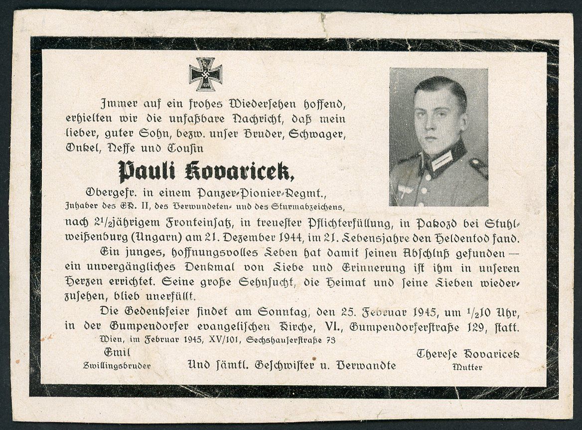 Z FACEBOOK AUCTION - German WW2 Death Card Panzer Pionier Regiment EK2 Wound &amp; Assault Badges, KIA In Hungary December 1944, STARTING BID $5 *
