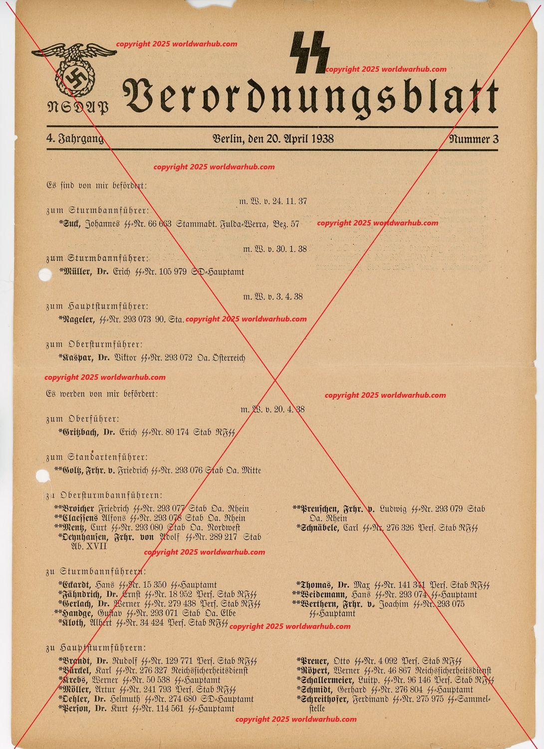 Z Extremely Rare German SS Verordnungsblatt List of SS Officer Promotions From April 20th, 1938