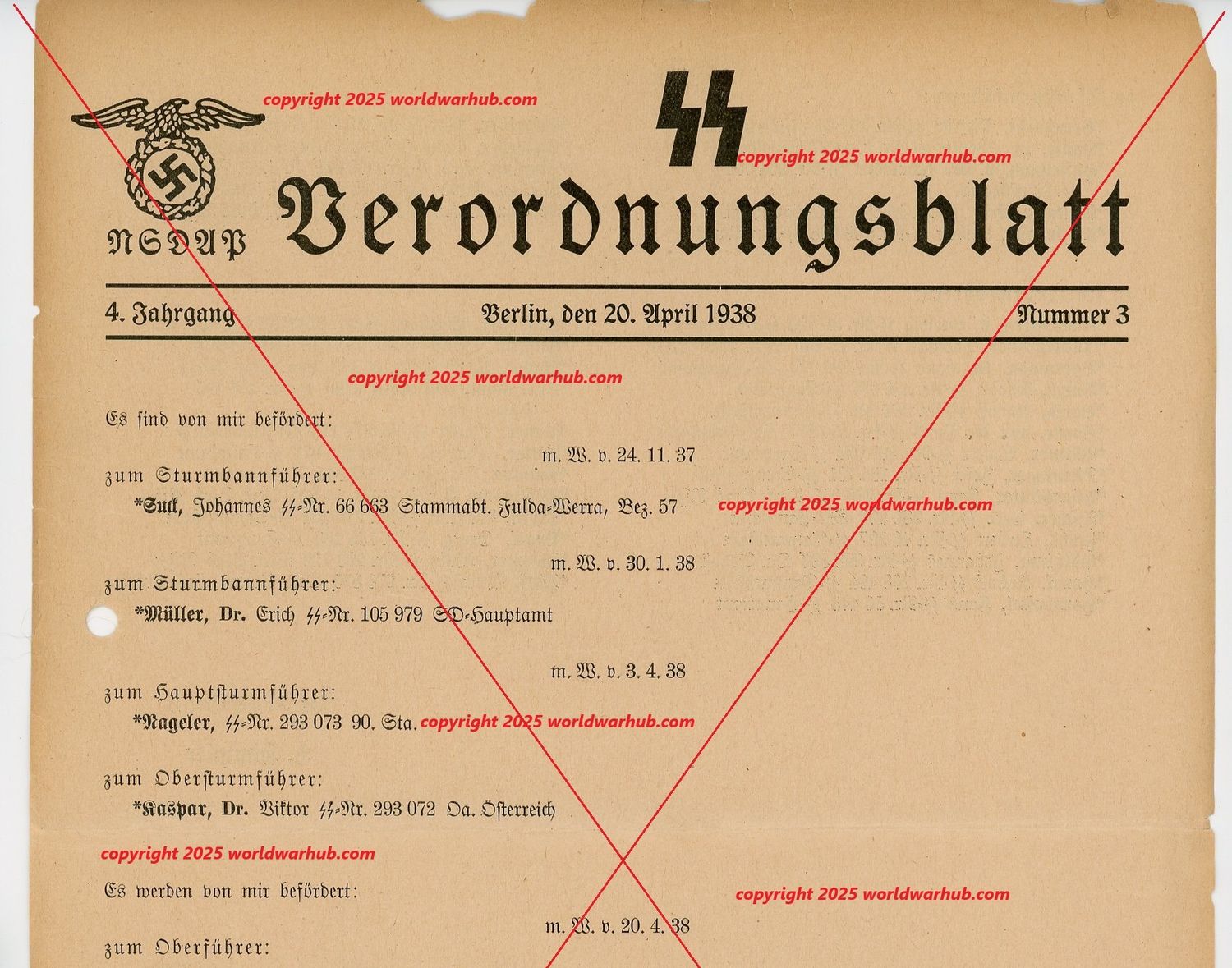 Z Extremely Rare German SS Verordnungsblatt List of SS Officer Promotions From April 20th, 1938