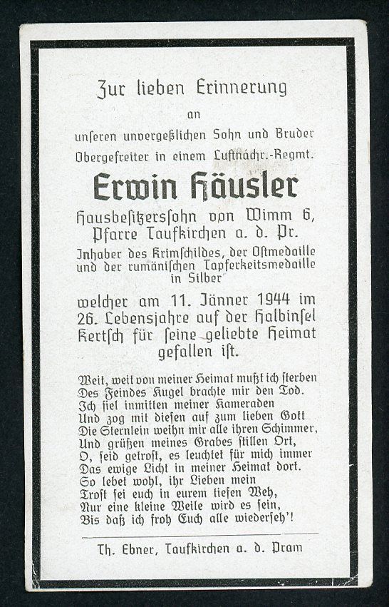 Z German WW2 Death Card Luftwaffe KRIM Shield Romanian Bravery Kertsch Ukraine*