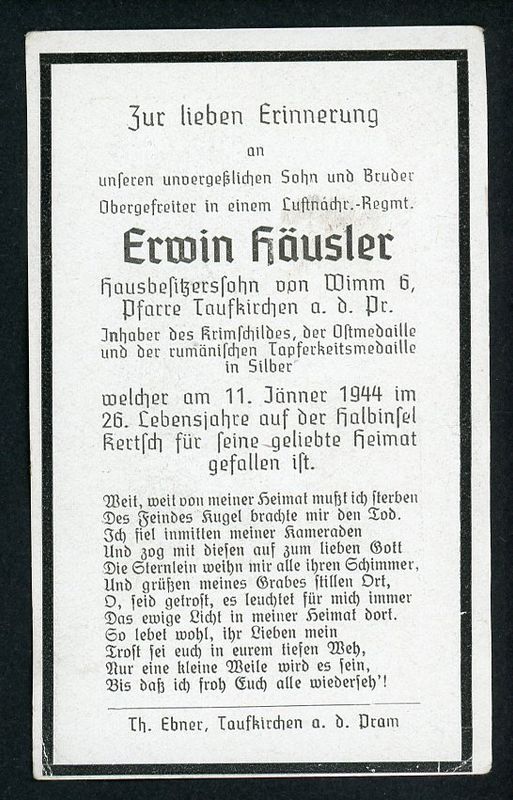 Z German WW2 Death Card Luftwaffe KRIM Shield Romanian Bravery Kertsch Ukraine*