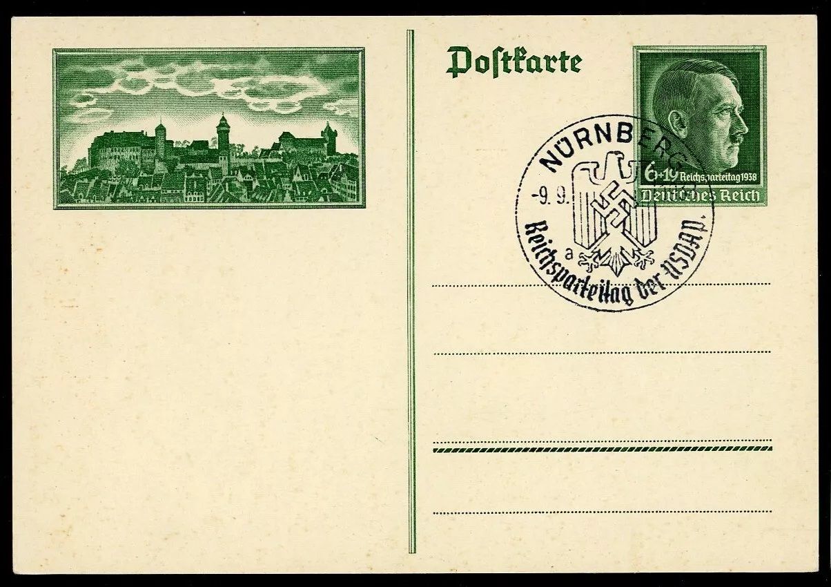 Z German Postcard Reichsparteitag Nurnberg 1937 Swastika Postmark Adolf Stamp