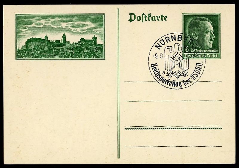 Z German Postcard Reichsparteitag Nurnberg 1937 Swastika Postmark Adolf Stamp