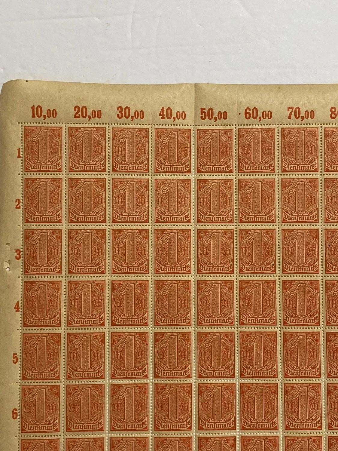 Sheet of 100 Unused German 1 Mark Dienstmarke Stamps Weimar Era WW2