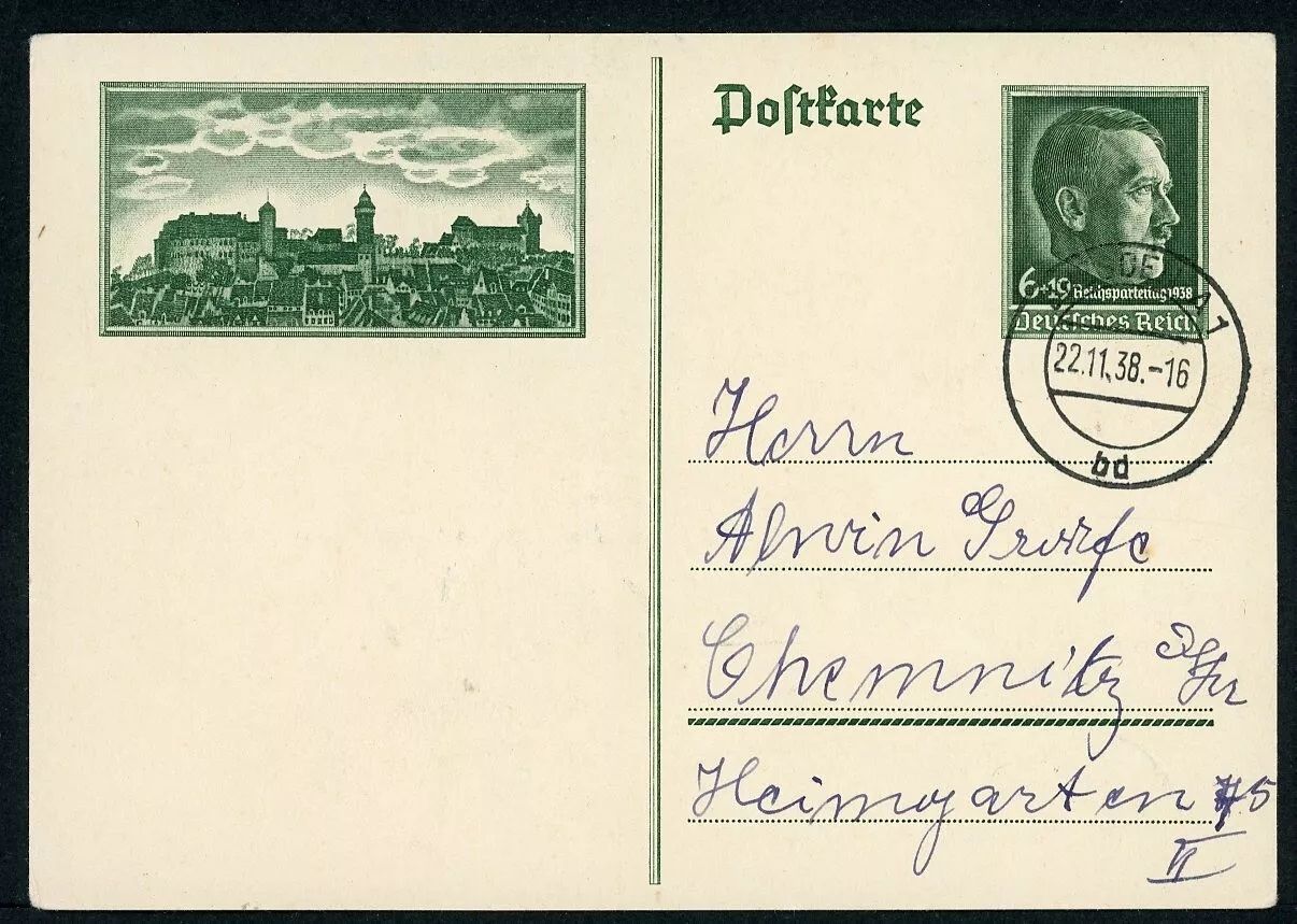 Z German Reichsparteitag Nuremburg 1938 Postcard + Adolf Hitler Postage Stamp