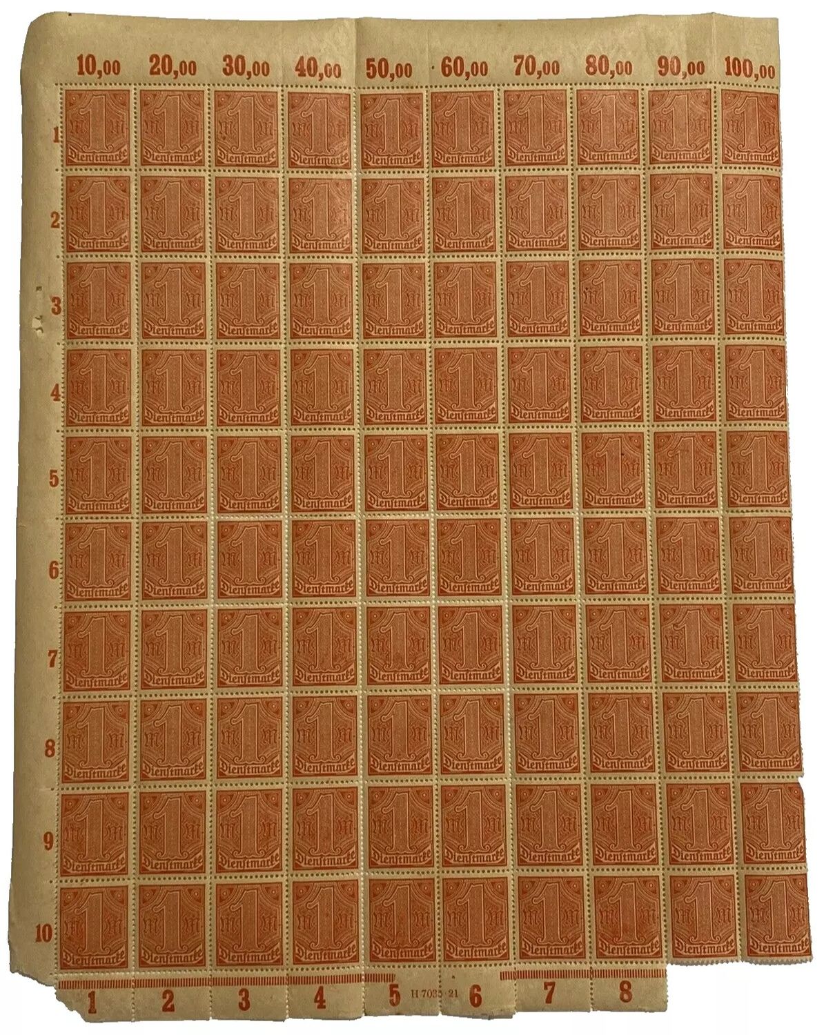 Sheet of 100 Unused German 1 Mark Dienstmarke Stamps Weimar Era WW2