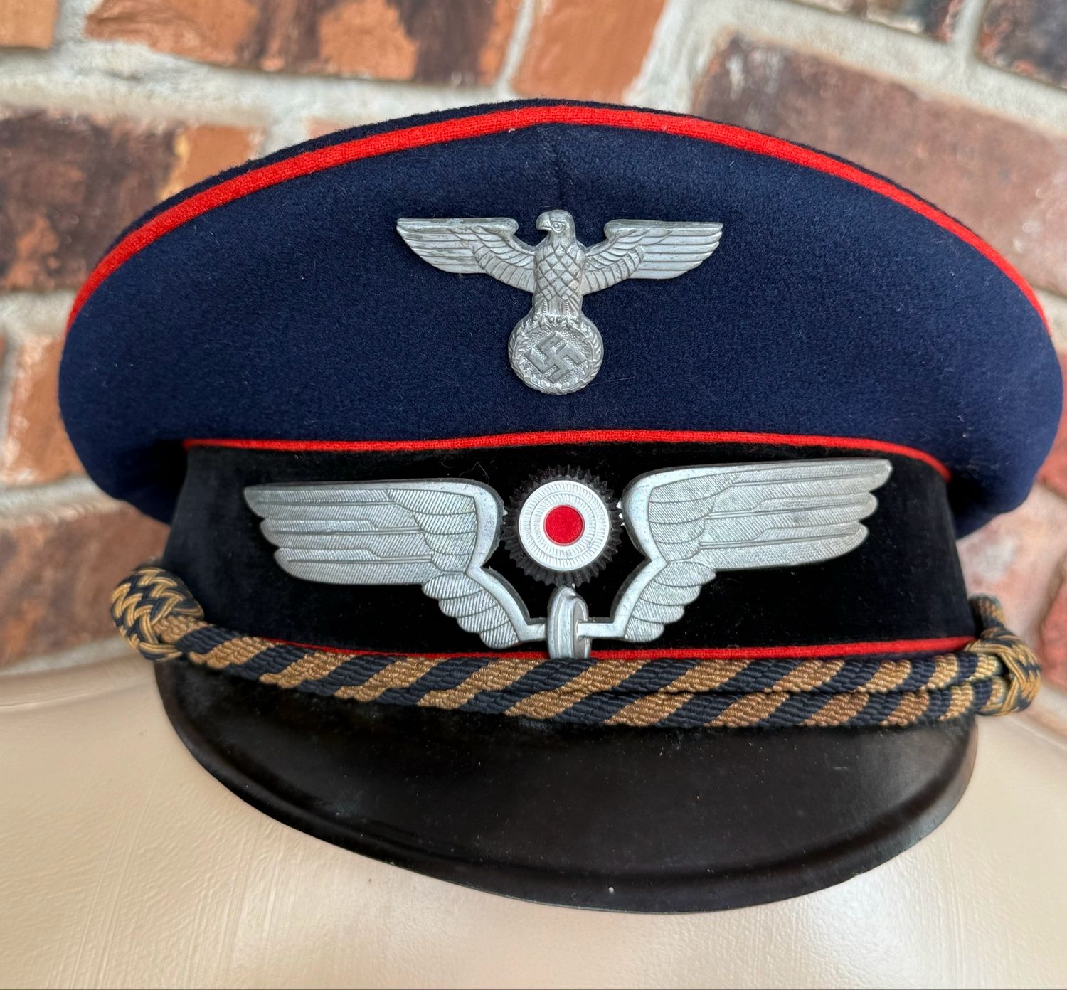 Z FACEBOOK AUCTION -Deutsche Reichsbahn Visor Cap Hat w/ Metal Insignia Karl Naubert German WW2 Third Reich, STARTING BID $375 *