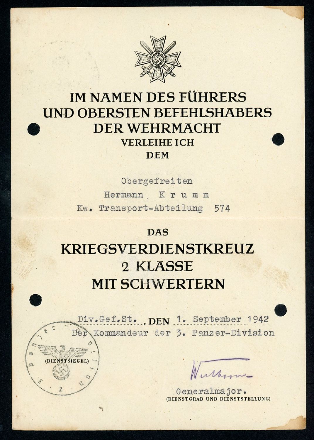 Z FACEBOOK AUCTION - GERMAN WW2 KVK2 AWARD DOCUMENT SIGNED BY GENERALMAJOR FRANZ WESTHOVEN COMANNDER 3RD PANZER DIVISION, STARTING BID 25*