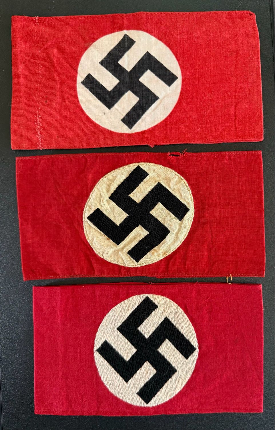 Z FACEBOOK AUCTION - LOT OF 3 NSDAP ARMBANDS: PRINTED, WOVEN, SEWN DISC, STARTING BID $75