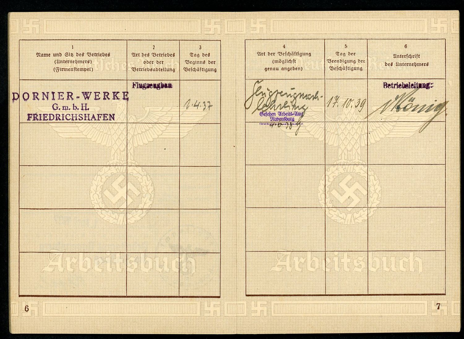 Z FACEBOOK AUCTION - 2ND PATTERN GERMAN WW2 ARBEITSBUCH, DORNIER FACTORY - STARTING BID $12 *