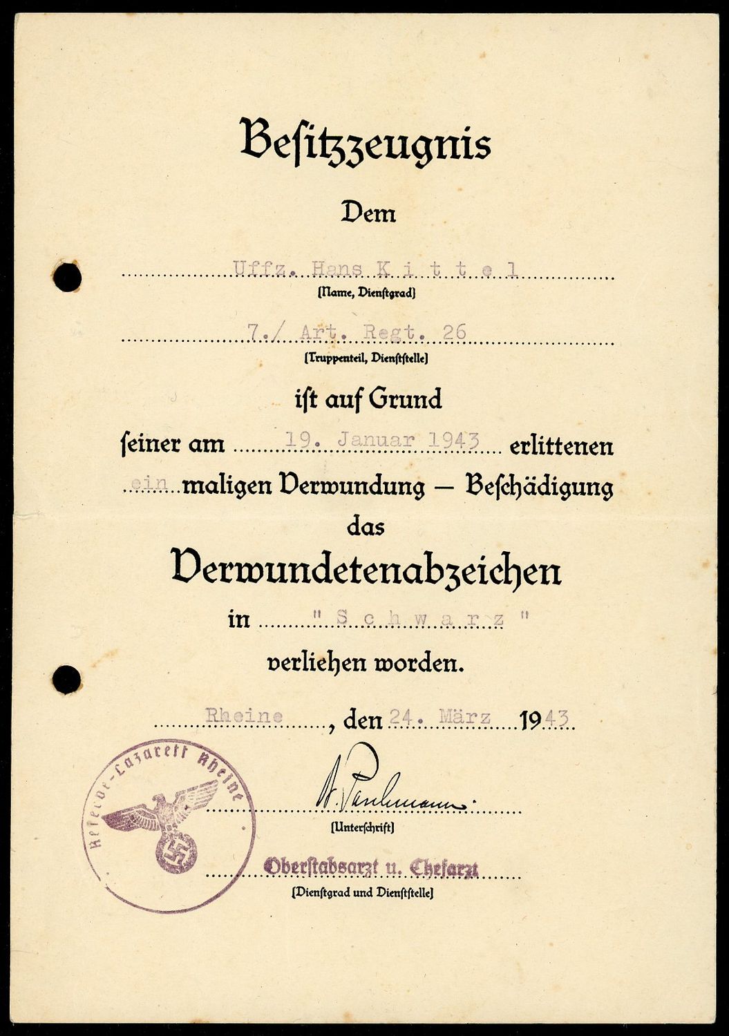 Z FACEBOOK AUCTION - GERMAN WW2 BLACK WOUND BADGE AWARD DOCUMENT, STARTING BID $25 *