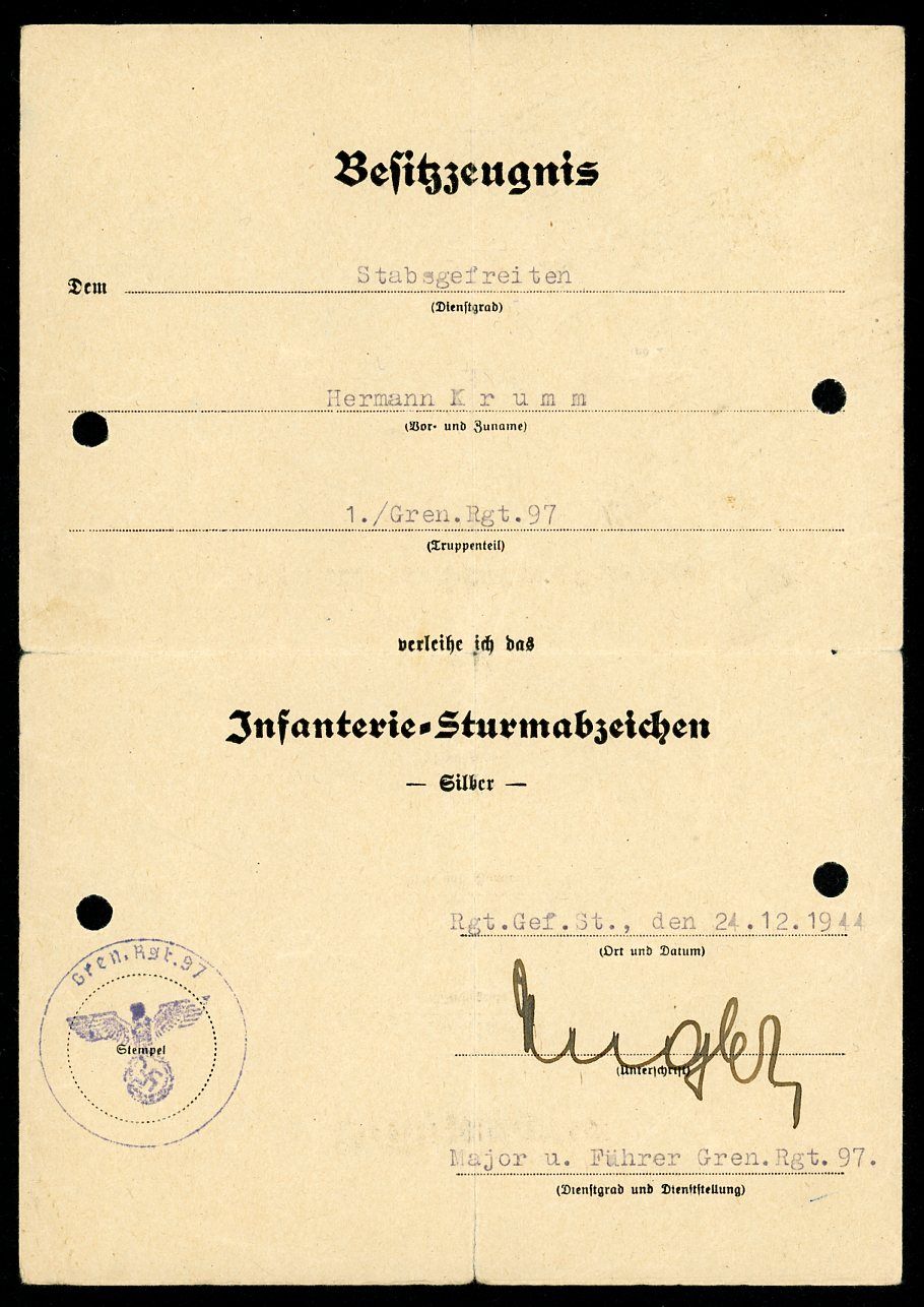Z FACEBOOK AUCTION - German WW2 Infantry Assault Badge Award Document Christmas Eve 1944, Starting Bid $25