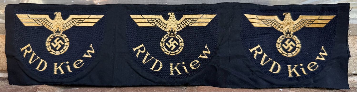 Z FACEBOOK AUCTION - Strip of 3 Unissued German WW2 Deutsche Reichsbahn RVD Kiew Ukraine Uniform Insignia Patches Unissued, Starting Bid $45 *
