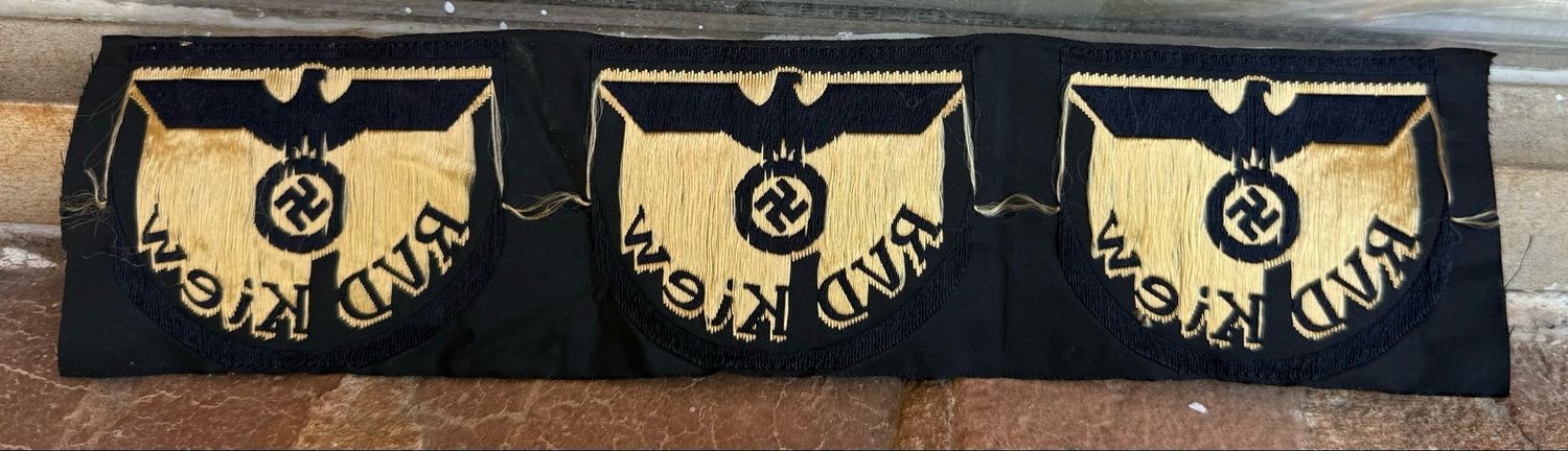 Z FACEBOOK AUCTION - Strip of 3 Unissued German WW2 Deutsche Reichsbahn RVD Kiew Ukraine Uniform Insignia Patches Unissued, Starting Bid $45 *