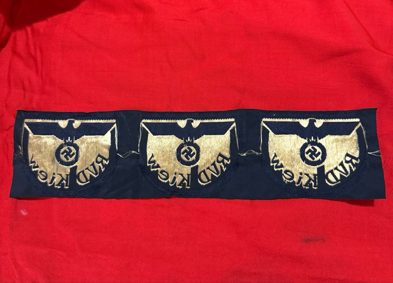 Z FACEBOOK AUCTION - Strip of 3 Unissued German WW2 Deutsche Reichsbahn RVD Kiew Ukraine Uniform Insignia Patches Unissued, Starting Bid $45 *