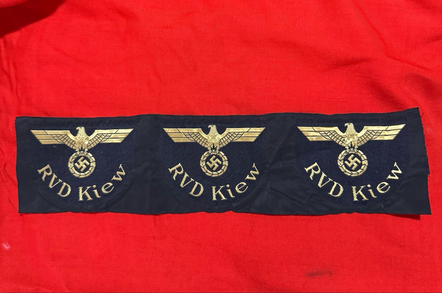 Z FACEBOOK AUCTION - Strip of 3 Unissued German WW2 Deutsche Reichsbahn RVD Kiew Ukraine Uniform Insignia Patches Unissued, Starting Bid $45 *