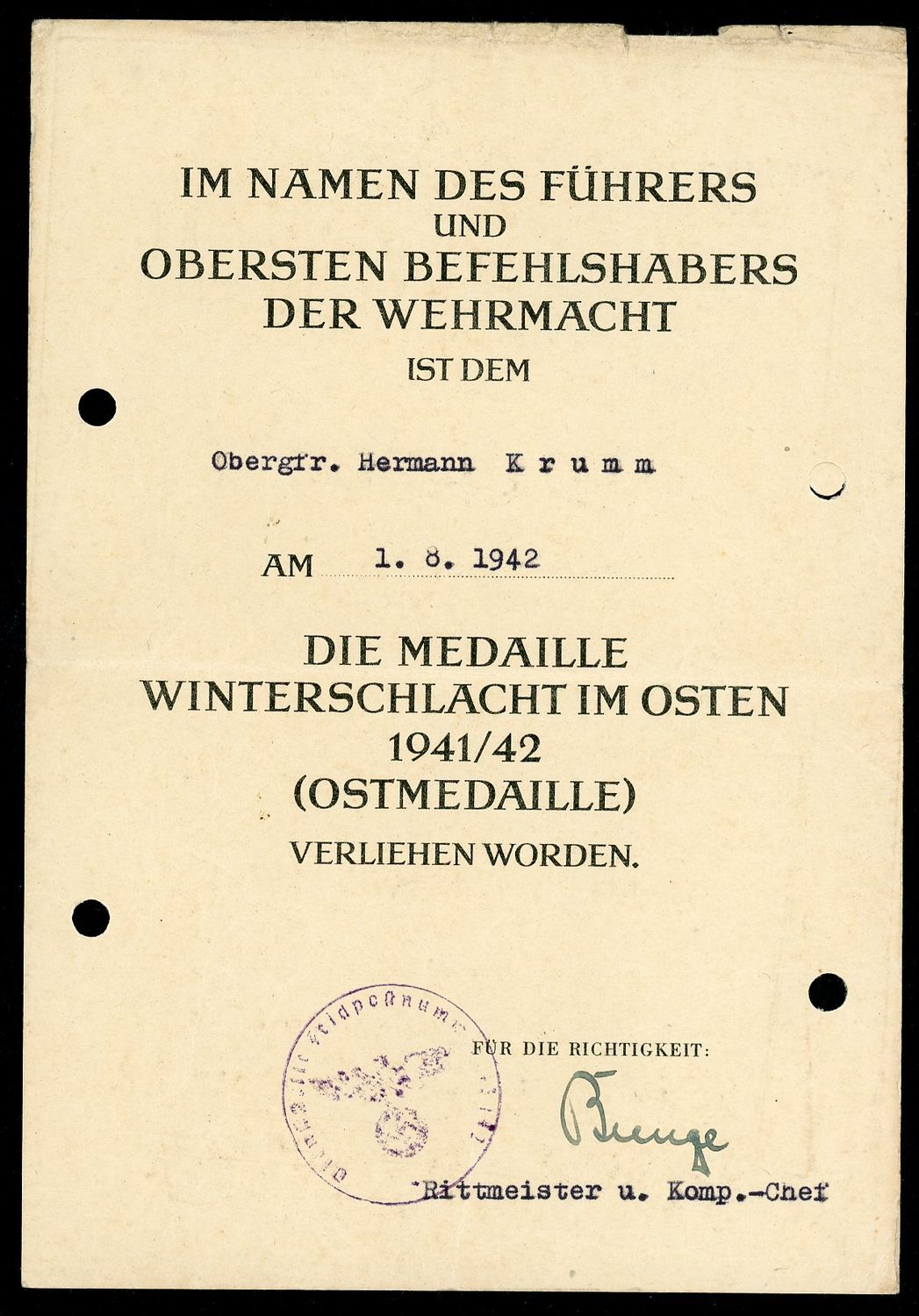 Z FACEBOOK AUCTION - German WW2 Russian Front Medal Award Document August 1942, Starting Bid $25 *