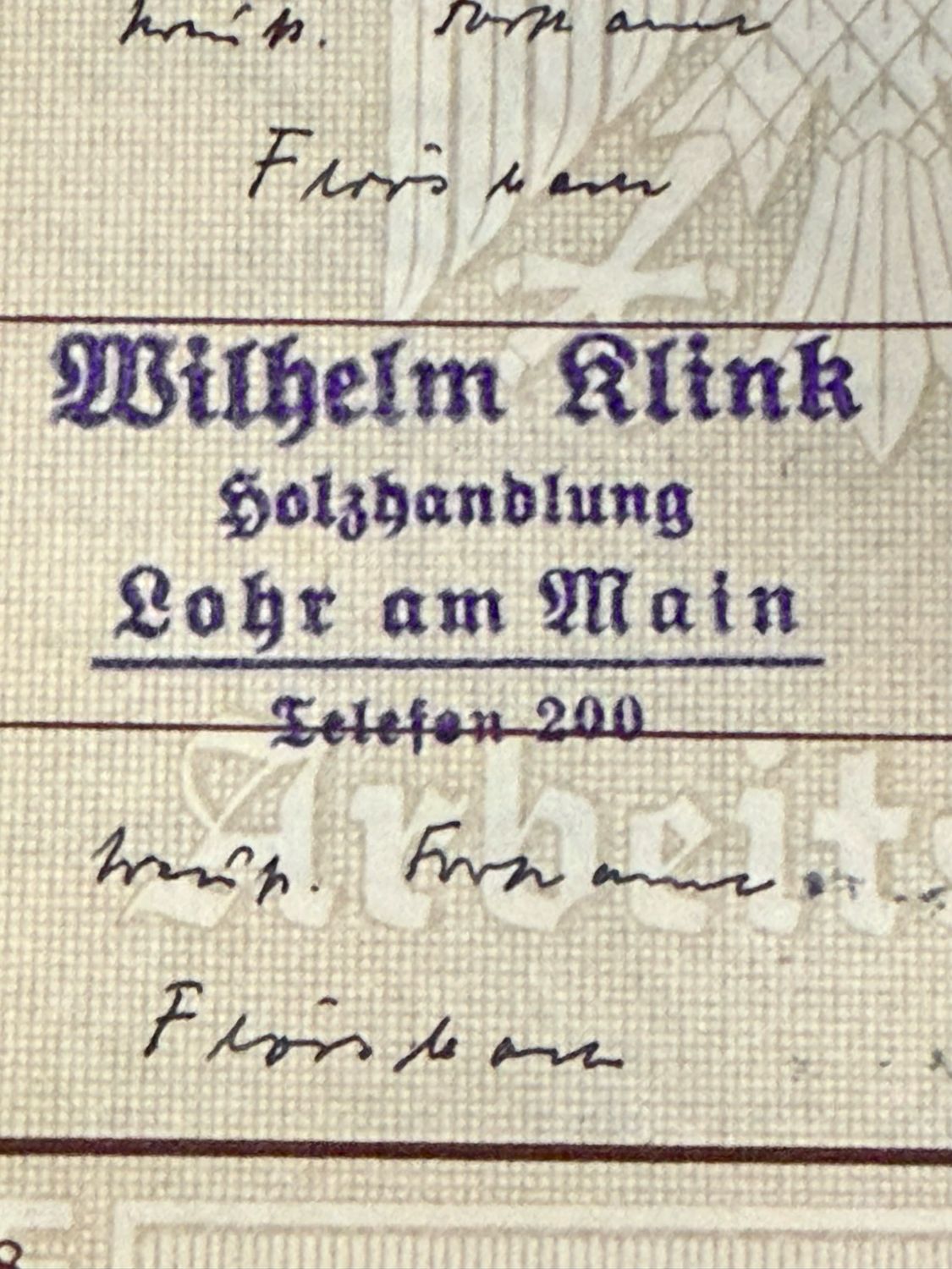 Z FACEBOOK AUCTION - German Arbeitsbuch Worked For Business Named WILHELM KLINK, The Colonel From Hogan&#39;s Heroes! Timber, Forest, Wood Worker, STARTING BID $15