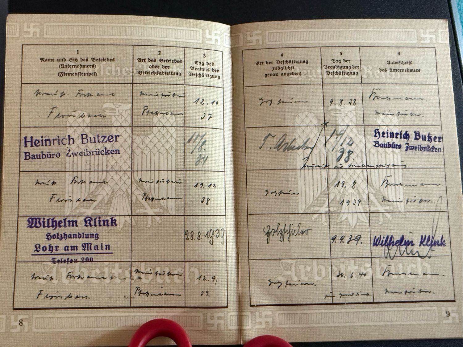 Z FACEBOOK AUCTION - German Arbeitsbuch Worked For Business Named WILHELM KLINK, The Colonel From Hogan&#39;s Heroes! Timber, Forest, Wood Worker, STARTING BID $15