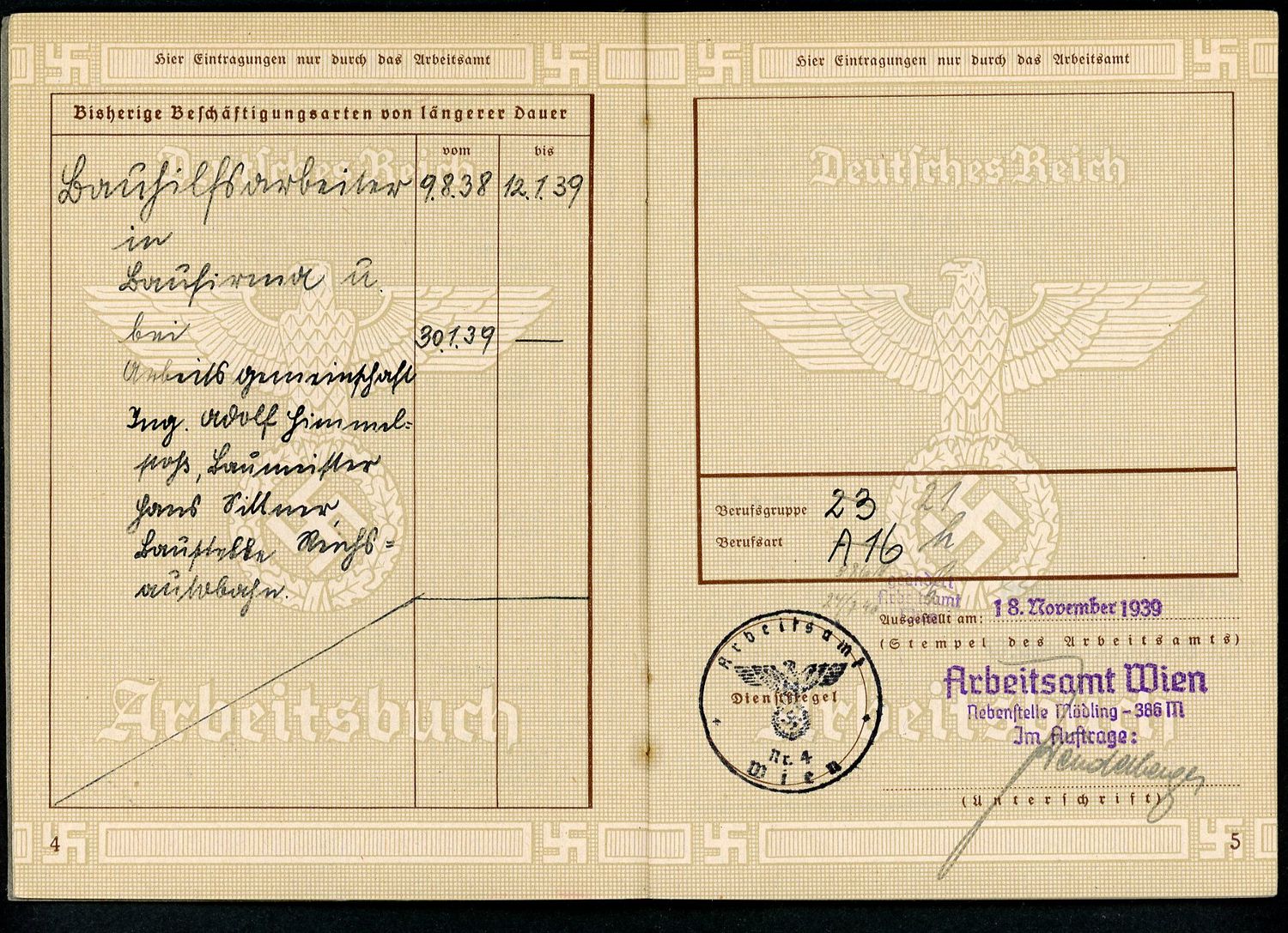Z FACEBOOK AUCTION - German WW2 2nd Pattern Arbeitsbuch Worker&#39;s Record Book, Army Clothing Office Driver 1940, STARTING BID $12 *