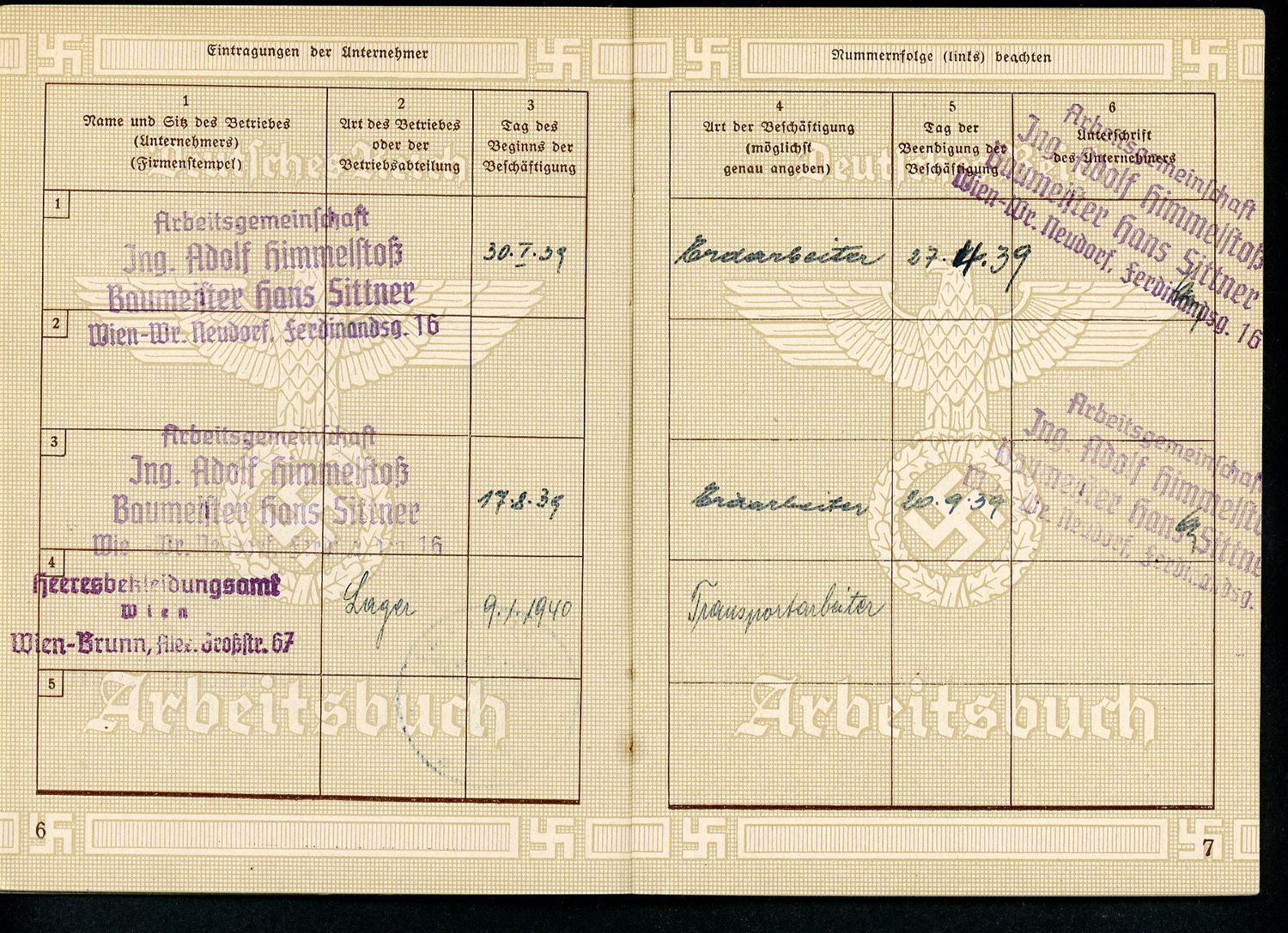 Z FACEBOOK AUCTION - German WW2 2nd Pattern Arbeitsbuch Worker&#39;s Record Book, Army Clothing Office Driver 1940, STARTING BID $12 *