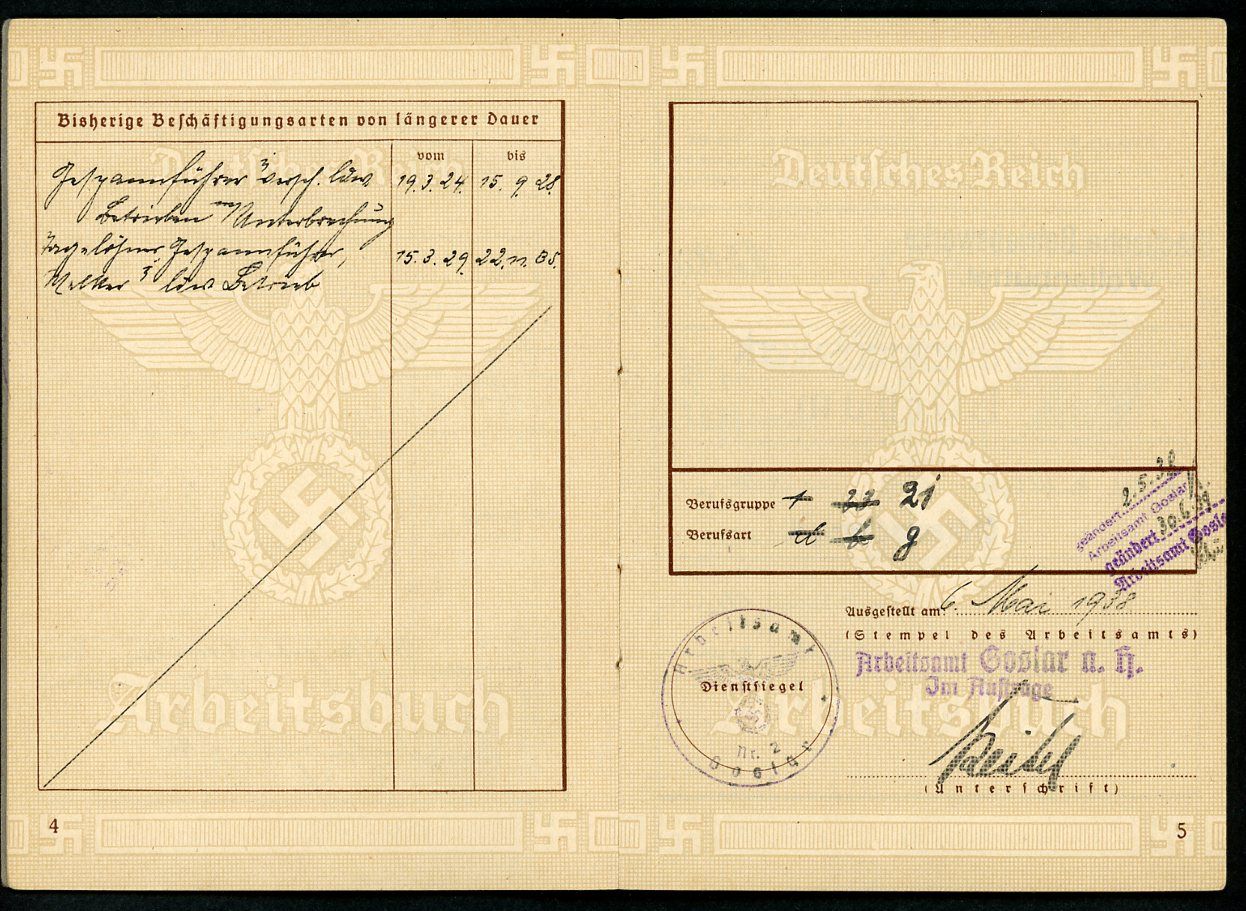 Z FACEBOOK AUCTION - German Arbeitsbuch, 2nd Pattern, Worked Deutsche Reichsbahn Rail Depot Worker 1938 - 1940, STARTING BID $12  *